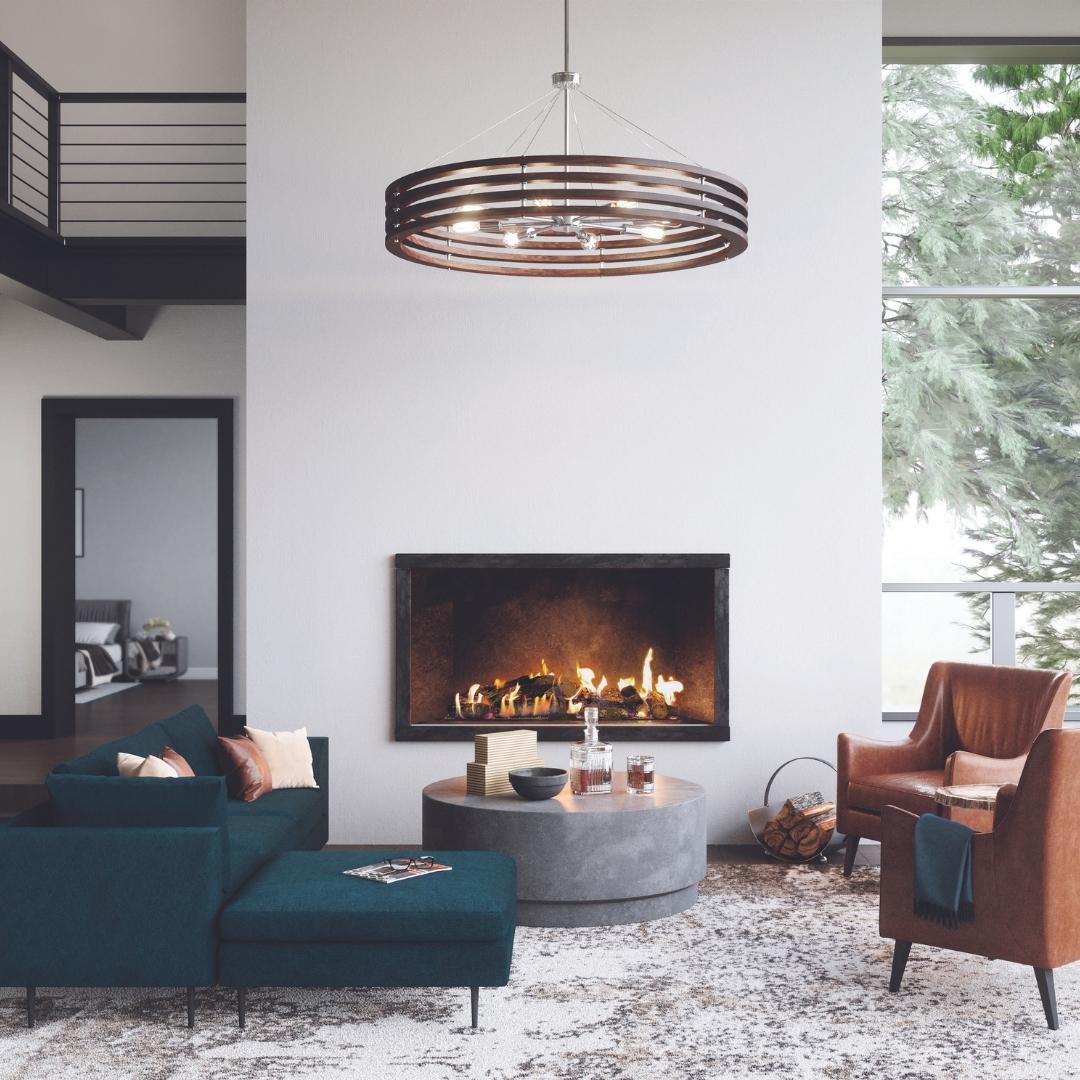 Beautiful living room with chandelier and fireplace